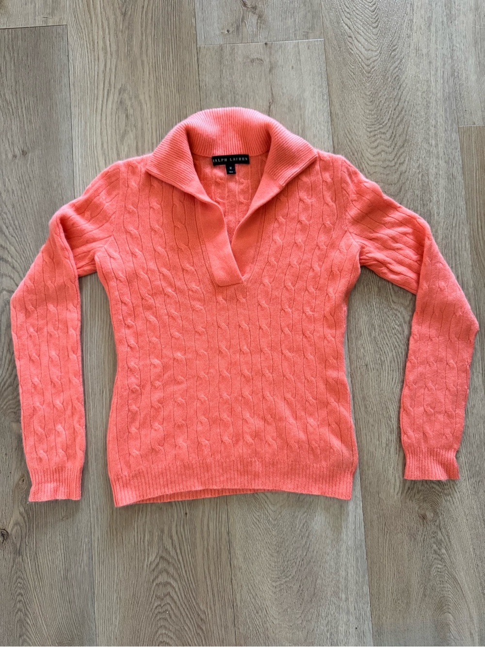 Ralph Lauren Black Label Cashmere Sweater Polo Collar Cable Knit Medium V Neck